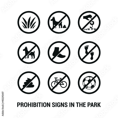 Vector image. Prohibition icons in parks. Forbidden to ride a bike, step on the grass, poop the dog, pick flowers and play ball.