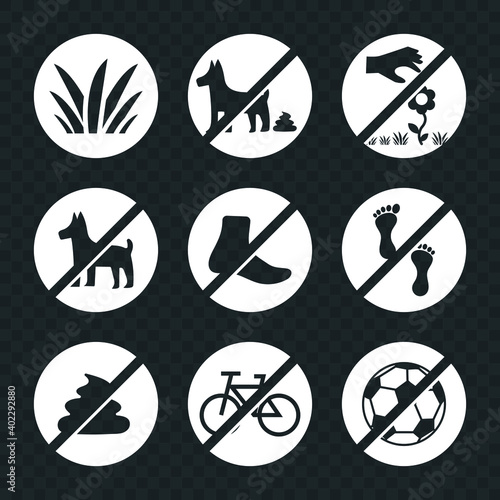 Vector image. Prohibition icons in parks. Forbidden to ride a bike, step on the grass, poop the dog, pick flowers and play ball. © Sonia