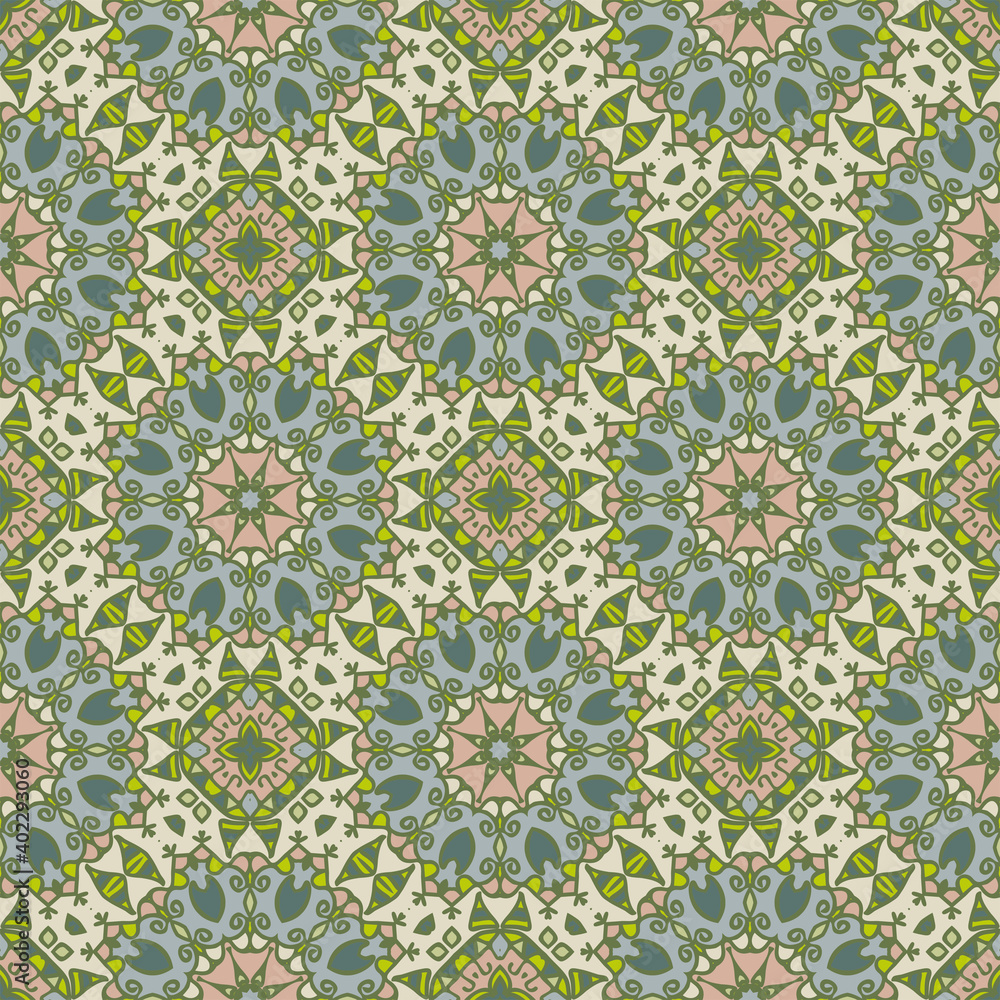 Creative trendy color abstract geometric mandala  pattern in beige green blue pink, vector seamless, can be used for printing onto fabric, interior, design, textile, carpet.