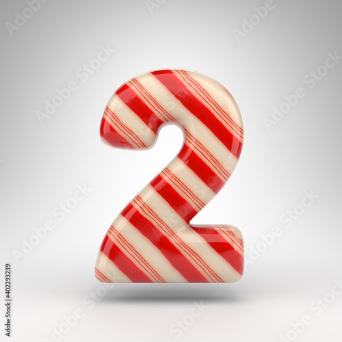 Number 2 on white background. Candy cane 3D number with red and white lines.