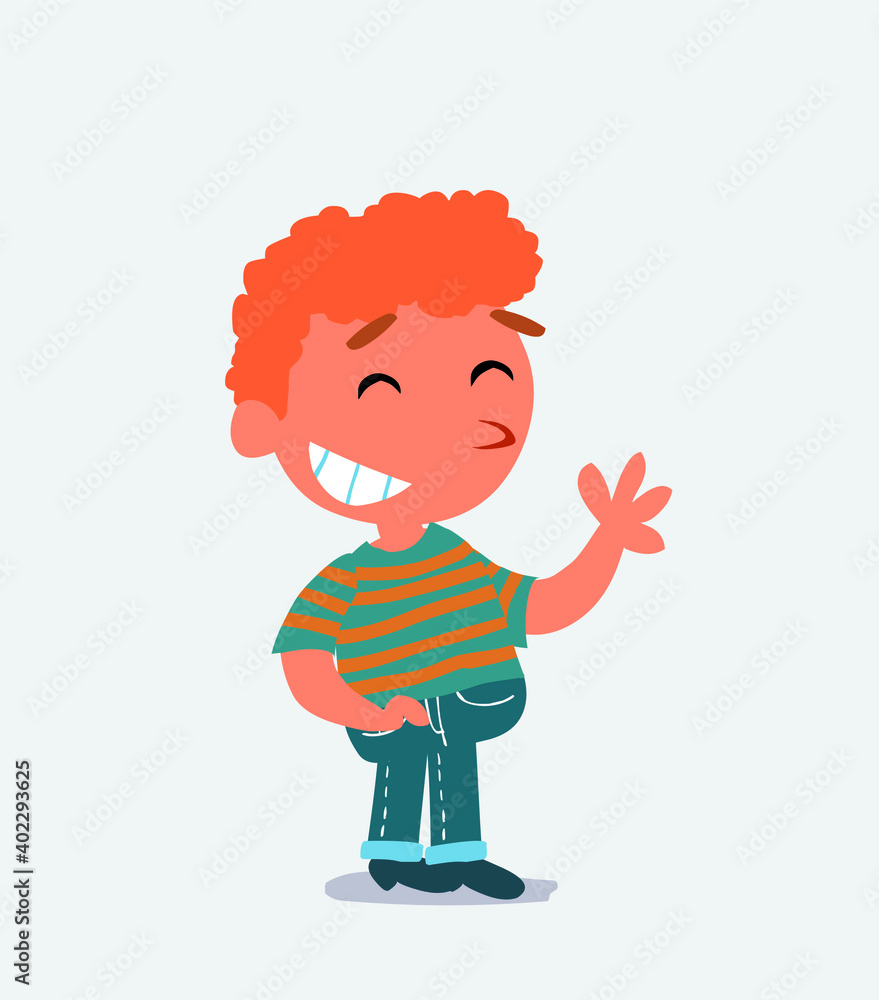 cartoon character of little boy on jeans waving informally while laughing cartoon character of little boy on jeans waving informally while laughing