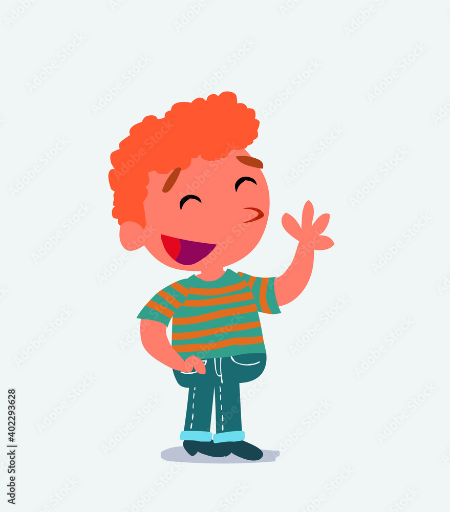 cartoon character of little boy on jeans waving informally while smiling cartoon character of little boy on jeans waving informally while smiling