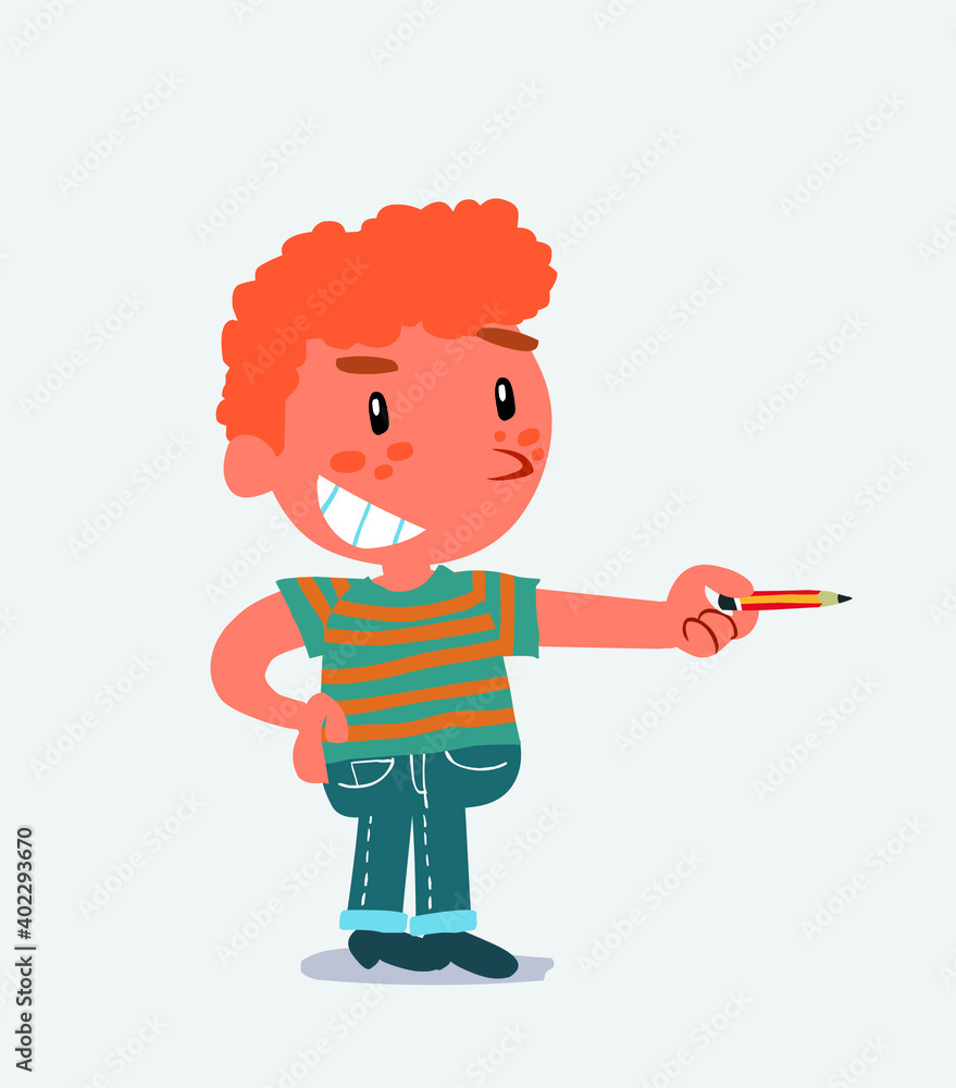 happy cartoon character of little boy on jeans points with pencil to the side. happy cartoon character of little boy on jeans points with pencil to the side.