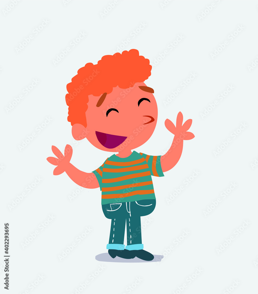 Pleased cartoon character of little boy on jeans explaining something