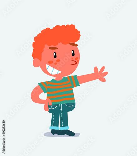  Pleased cartoon character of little boy on jeans points to something