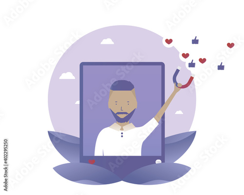 Man attracts likes to new social media post. Vector illustration for telework, remote working and freelancing concept, business, start up
