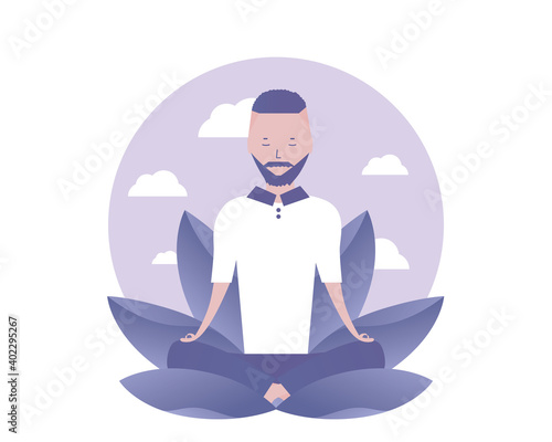 A man is meditating. Namaste. Vector illustration for telework, remote working and freelancing, business, start up, social media and blog
