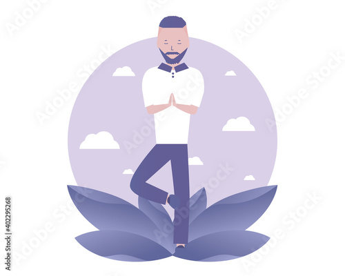 Yoga. A man stands in tree pose and holds his balance. Vector illustration for telework, remote working and freelancing, business, start up, social media and blog
