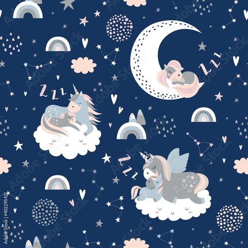 Seamless childish pattern with sleeping unicorns, clouds, rainbow, moon and stars. Creative kids texture for fabric, wrapping, textile, wallpaper, apparel. Vector illustration

