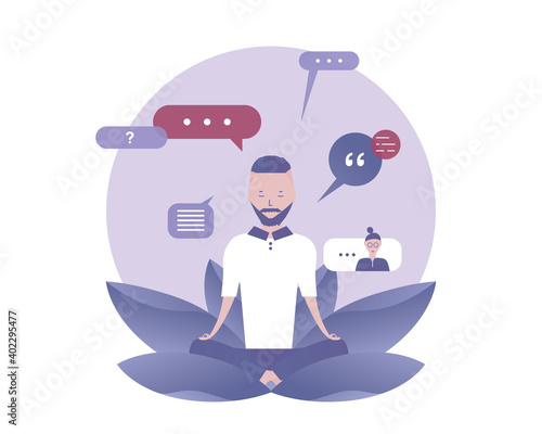 A man is meditating. Internal dialogue. Vector illustration for telework, remote working and freelancing, business, start up, social media and blog
