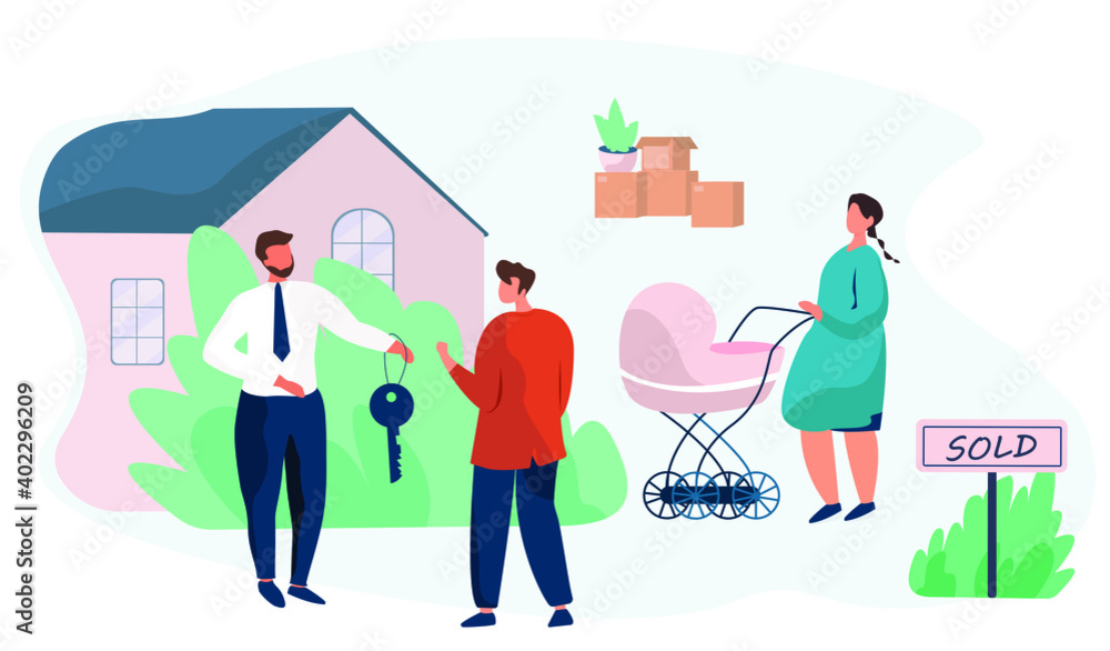 Family Buy House.House For Sale.Realtor Gives Keys to Family.Property Selling.Buying Real Estate Apartments.Moving Home.Moving truck on Background.Relocation Process.Flat Vector Illustration 