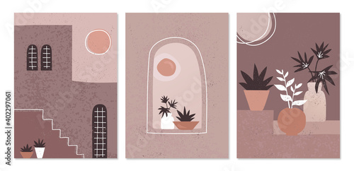 Abstract line art design background set, plants in pots, sun in the sky, building drawing vectors