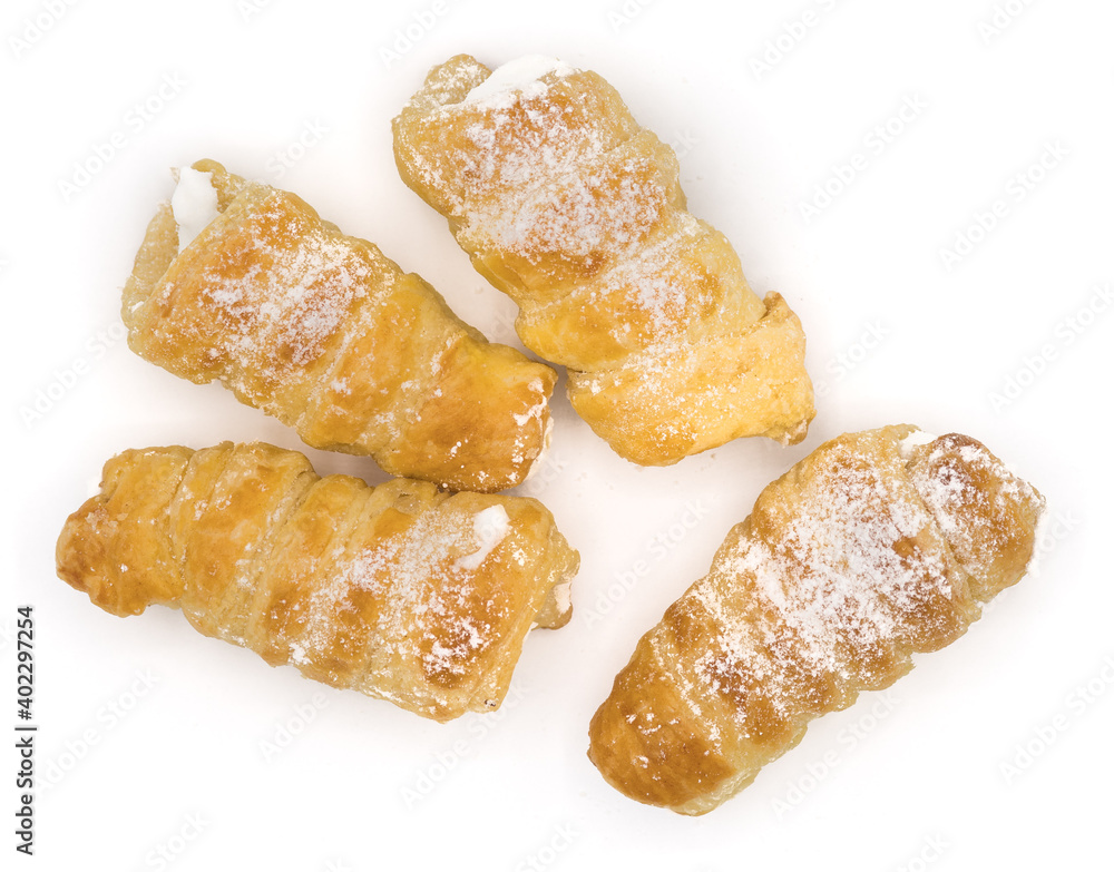 cream horn, traditional sweet europe cake with white background cream horn, traditional sweet europe cake with white background