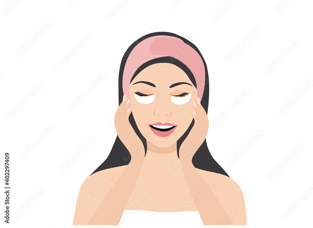 Beautiful woman wears cosmetic eye patches vector illustration. Skin care, cosmetic and beauty concept Beautiful woman wears cosmetic eye patches vector illustration. Skin care, cosmetic and beauty concept