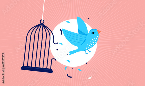 Blue bird breaking out of cage to freedom. Vector illustration.