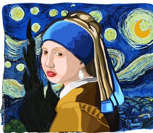 "Girl with a pearl earring" in "Starry night" chart hand drawing vector
