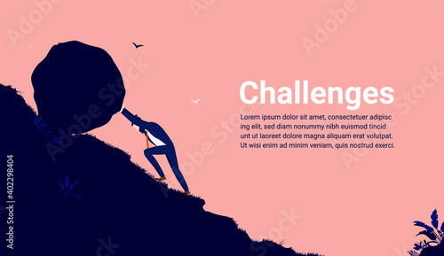 Business challenges - Businessman working hard pushing boulder up hill. Challenge, determination and persistence concept. Vector illustration.