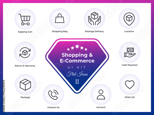 E-commerce, online shopping and delivery flat icons. Cart, bag, package delivery location, return warranty, cash payment, call, phone, account wish list. Vector elements, web design, mobile, ui, print