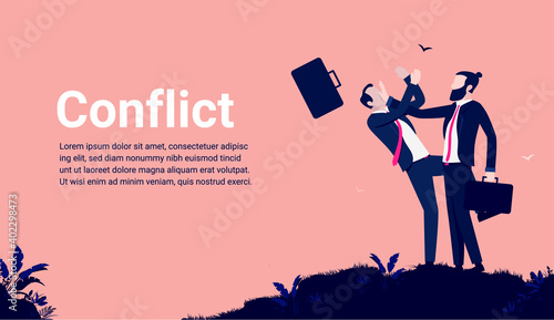 Business conflict - Two businessmen competitors on hilltop fighting. Rivalry, argument and opponent concept. Vector illustration.