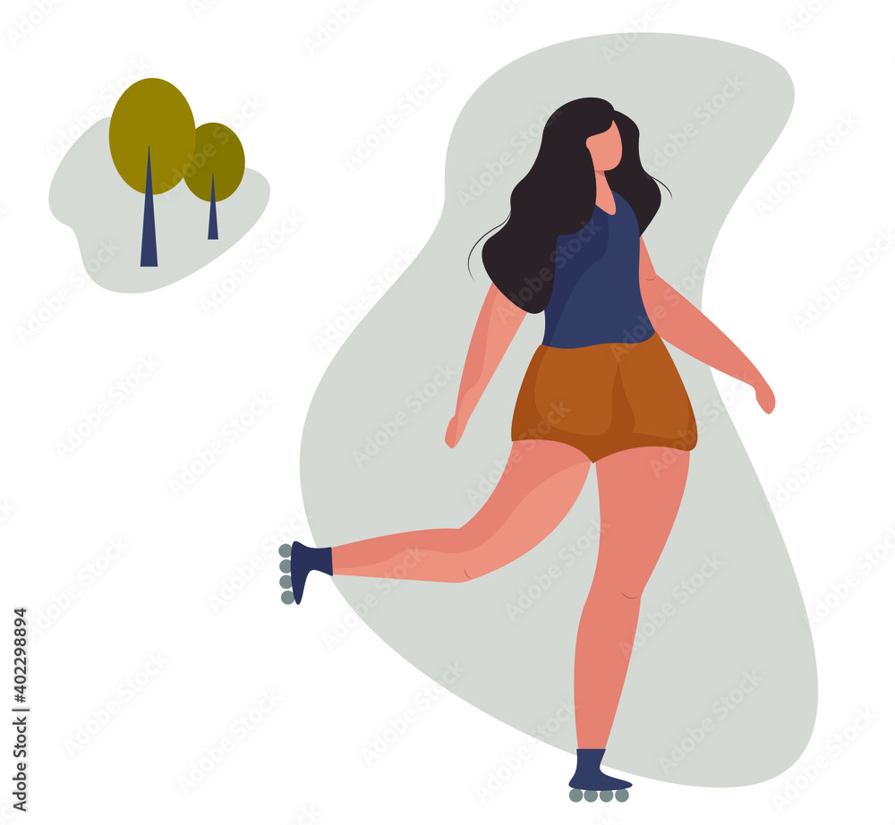 Roller skating girl. Woman roller skates in the park. Female person in blue t shirt. Roller blading flat vector illustration. Roller skating girl. Woman roller skates in the park. Female person in blue t shirt. Roller blading flat vector illustration.