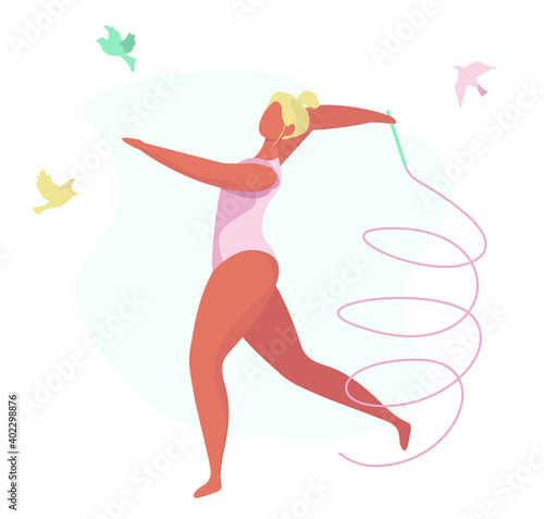 Rhythmic gymnastics with ribbon. Gymnast 
training with ribbon. Womann in outfit with tape. Training girl in pink swimsuit. Birds on background. Flat vector illustration