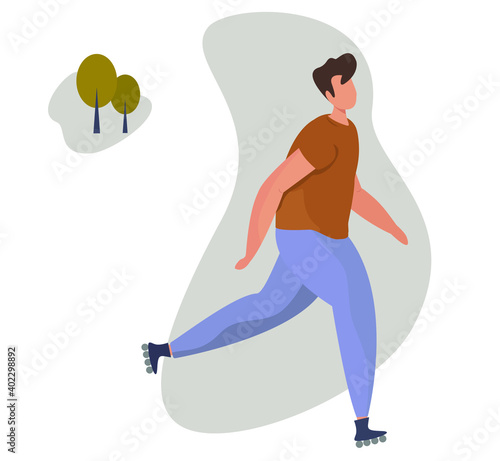 Roller skating boy. Skating man in park. Trees on background. Roller blading boy flat vector illustration