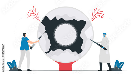 Medical and surgical treatments for glaucoma disease. Illustrated vector isolates on white background. Doctor and giant eye.
