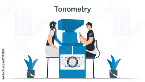 Doctor uses tonometry to determine intraocular and fluid pressure inside eyes. Illustrated vector isolates on white background.