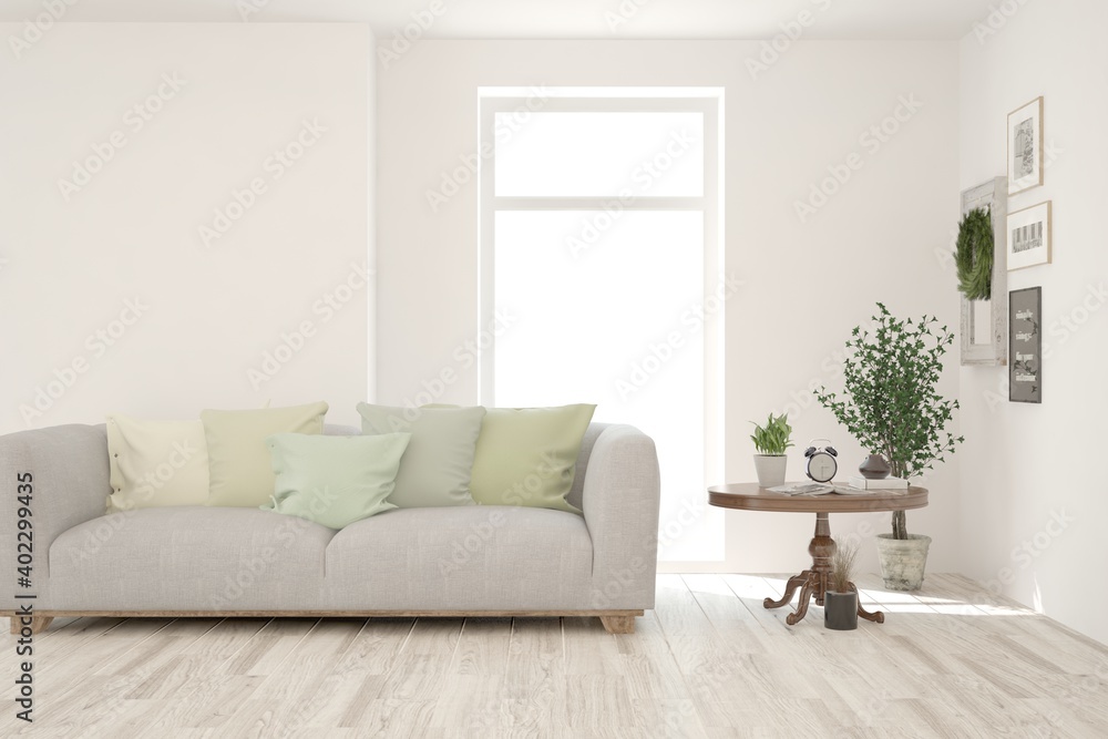Fototapeta premium White living room with sofa. Scandinavian interior design. 3D illustration