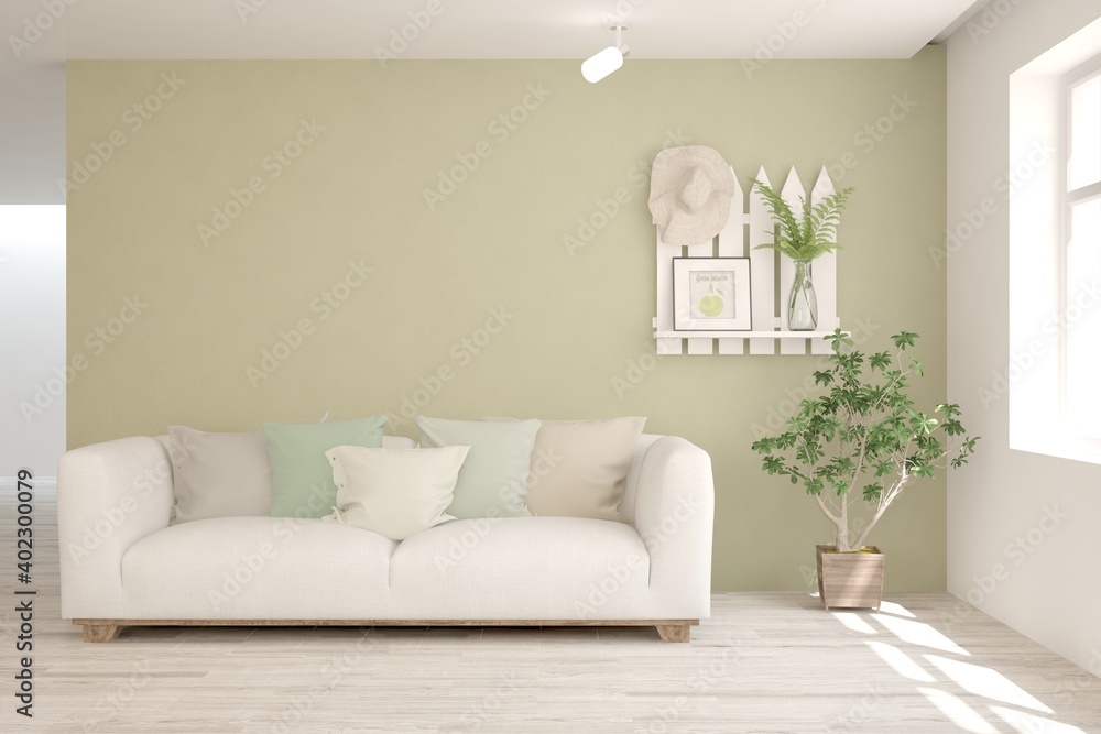 Fototapeta premium White living room with sofa. Scandinavian interior design. 3D illustration
