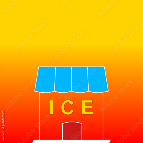 Symbol eines Eis Shops im Sommer mit blauem Dach vor gelb rotem Hintergrund mit Farbverlauf photo