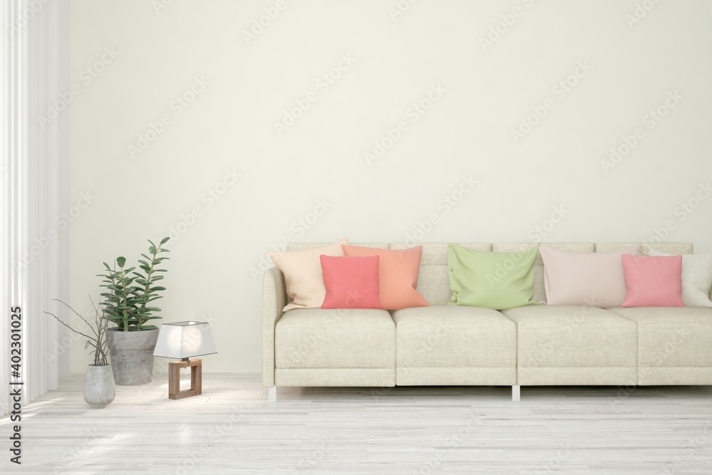 Fototapeta premium White living room with sofa. Scandinavian interior design. 3D illustration