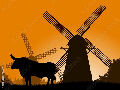 Black silhouette of a bull at sunset.
Rural landscape. Silhouettes of windmills and a bull against the background of an orange sunset. Vector illustration.
