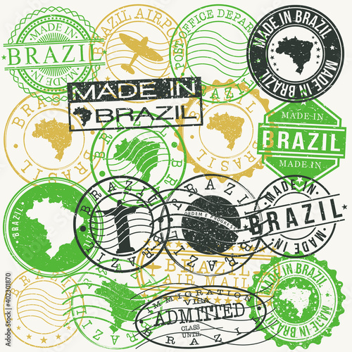 Brazil Set of Stamps. Travel Passport Stamps. Made In Product. Design Seals in Old Style Insignia. Icon Clip Art Vector Collection.