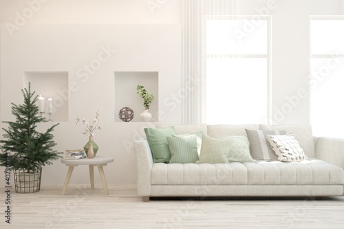 White living room with sofa. Scandinavian interior design. 3D illustration