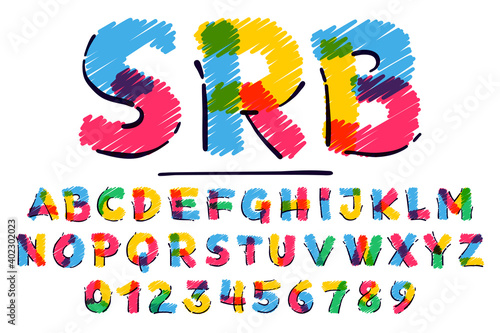 Alphabet and numbers set hand drawn with a colored pencils.