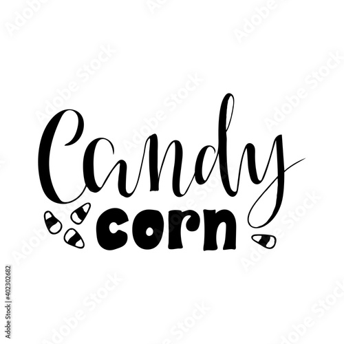 Vector illustration of candy corn brush lettering for banner, flyer, poster, clothes, confectionary or patisserie logo, advertisement design. Handwritten text for template, signage, billboard, print