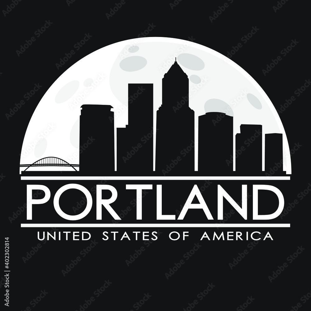 Portland Skyline Silhouette City Vector Design Art Background Illustration Full Moon.