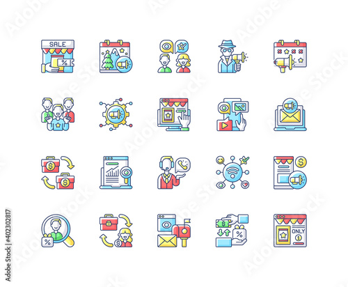 Marketing strategies RGB color icons set. Transactional type of advertising your company product or service. Holidays gift selling. Isolated vector illustrations