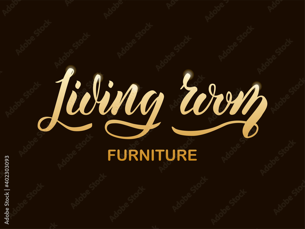 Vector illustration of living room furniture lettering for banner, leaflet, poster, logo, advertisement, price list, web design. Handwritten text for template, signage, billboard, print