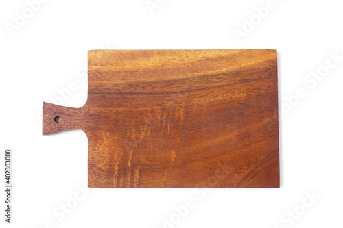 Brown woodcutting board with handle and drill hole for hanging isolated on white background with clipping path.