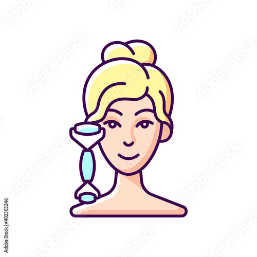 Quartz facial roller RGB color icon. Reducing inflammation. Promoting wound healing. Blood circulation improvement. Preventing puffiness and dark under eye circles. Isolated vector illustration