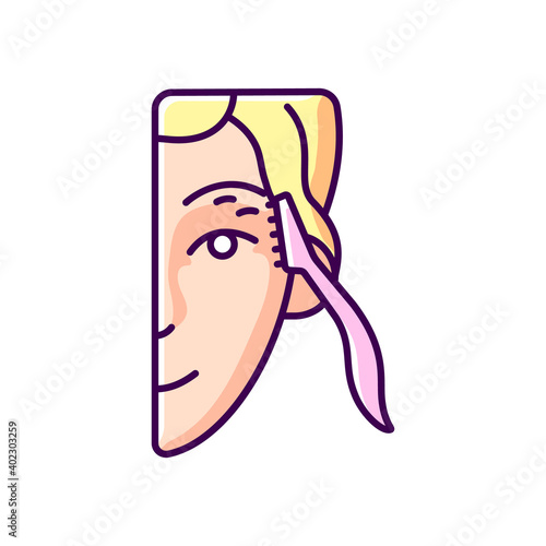 Eyebrow razor RGB color icon. Shaving brows. Removing fine eyebrow, neck and face hairs. Small beauty tool. Reducing unnecessary hairs. Protecting woman sensitive skin. Isolated vector illustration