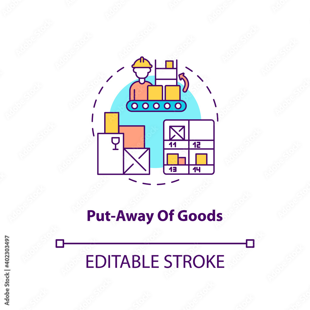 Put away of goods concept icon. Warehouse management components. Stored away on shelves in warehouse. Store idea thin line illustration. Vector isolated outline RGB color drawing. Editable stroke