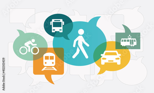 Future mobility concepts vector illustration (all layers full opacity). Concept with icons related to alternative urban modes of transport, flexible mobility solutions, sustainability.