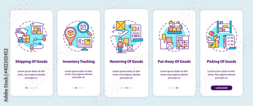Goods shipping, receiving onboarding mobile app page screen with concepts. Put away of goods. Logistic walkthrough 5 steps graphic instructions. UI vector template with RGB color illustrations