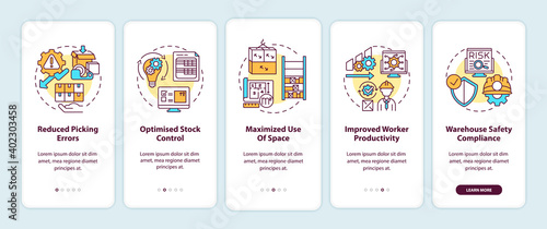 Warehouse organization and optimization onboarding mobile app page screen with concepts. Storehouse walkthrough 5 steps graphic instructions. UI vector template with RGB color illustrations