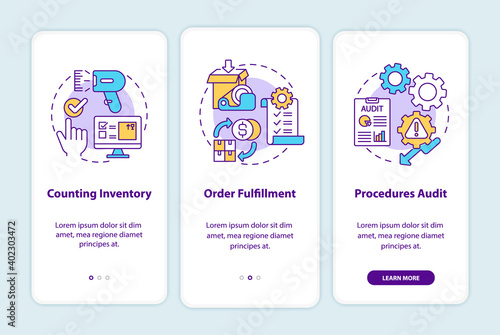Warehouse procedures onboarding mobile app page screen with concepts. Storehouse organization walkthrough 5 steps graphic instructions. UI vector template with RGB color illustrations