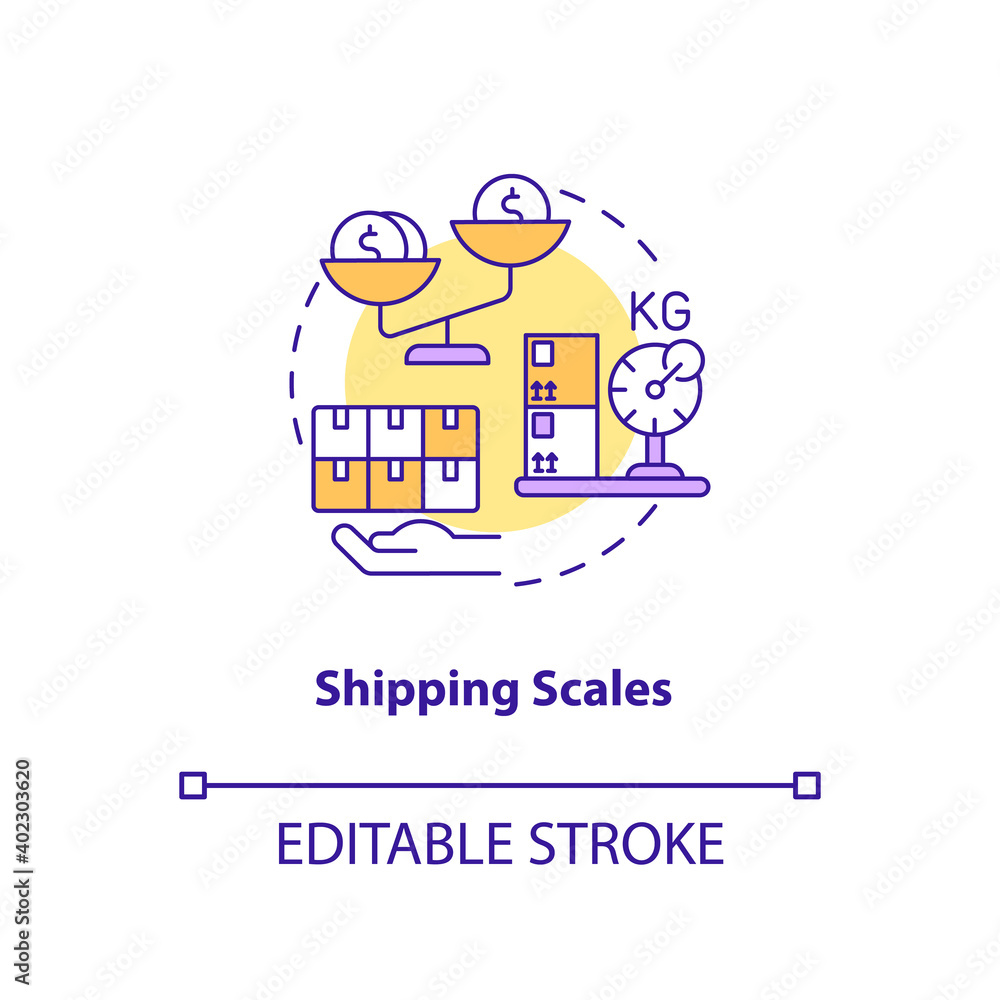 Shipping scales concept icon. Key warehouse equipment. Technologies for measuring incoming parcels. Mail idea thin line illustration. Vector isolated outline RGB color drawing. Editable stroke Shipping scales concept icon. Key warehouse equipment. Technologies for measuring incoming parcels. Mail idea thin line illustration. Vector isolated outline RGB color drawing. Editable stroke