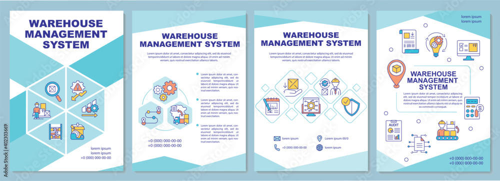 Warehouse management system brochure template. Storehouse organization. Flyer, booklet, leaflet print, cover design with linear icons. Vector layouts for magazines, annual reports, advertising posters